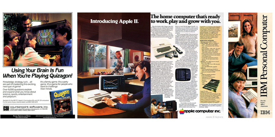 Ads for Commodore 64, Apple II, and IBM Personal Computer