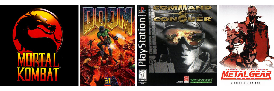 Images for Mortal Kombat (1992), Doom (1993), Command & Conquer (1995), and Metal Gear Solid (1998)