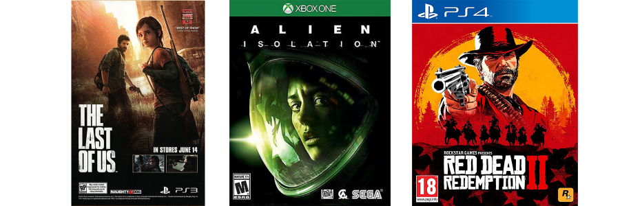 Images for The Last of Us (2013), Alien: Isolation (2014), and Red Dead Redemption 2 (2018)
