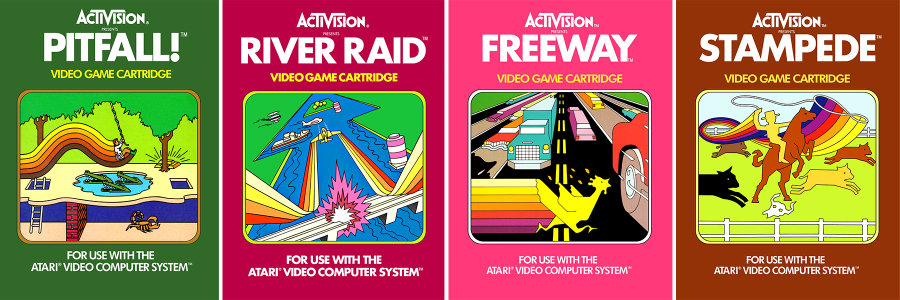 Video game box covers for Pitfall, River Raid, Freeway, and Stampede for Atari 2600