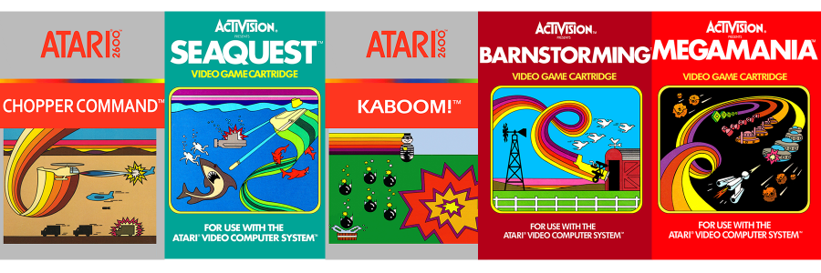 Video game box covers for Chopper Command, Seaquest, Kaboom!, Barnstorming, and MegaMania for Atari 2600