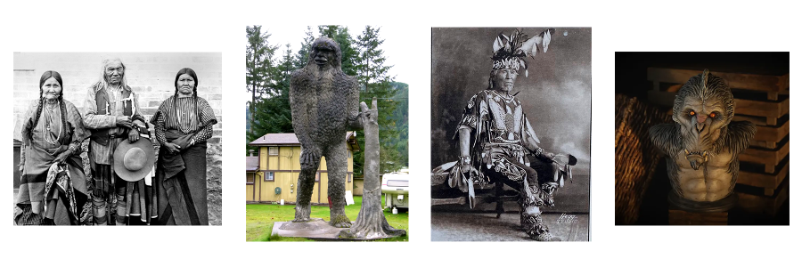 Images of Salish and Luumi peoples, Bigfoot and Oh-Mah statues