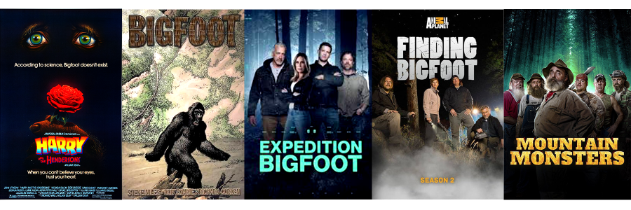Poster for Harry and the Henderson's, Cover art of Bigfoot comic by Steve Niles and Rob Zombie, images of Expedition Bigfoot, Finding Bigfoot, and Mountain Monsters