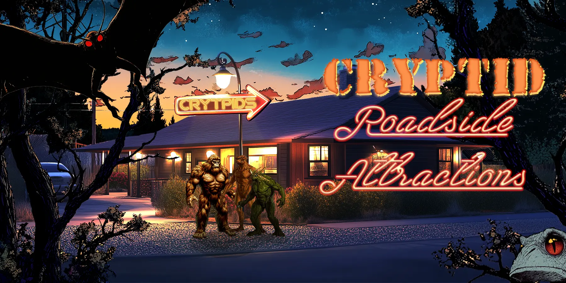 Banner image of cryptids standing outside of a cabin style roadside attraction building