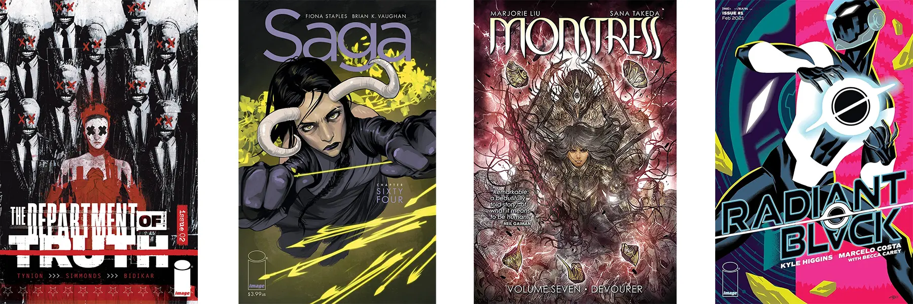Comic covers of: Department of Truth, Saga, Monstress, Radiant Black