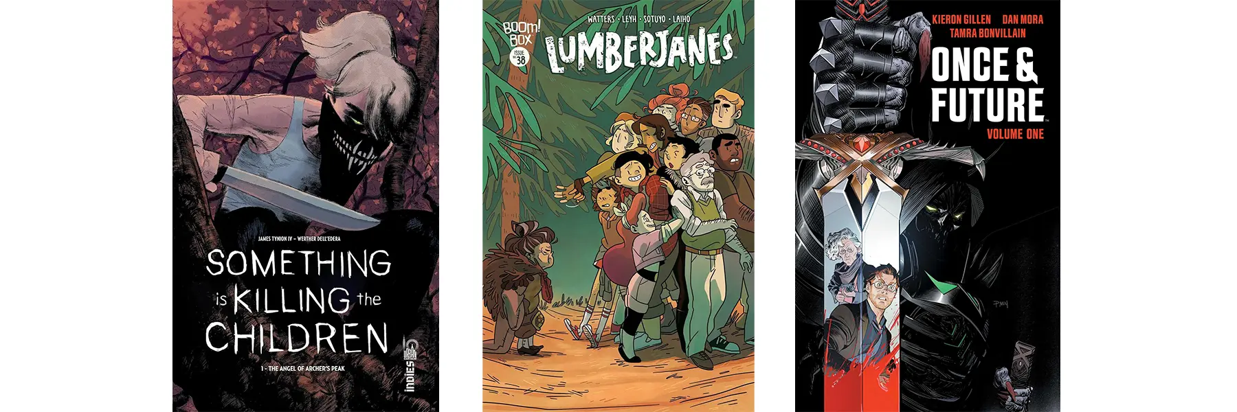 Comic covers of: Something Is Killing the Children, Lumberjanes, Once & Future