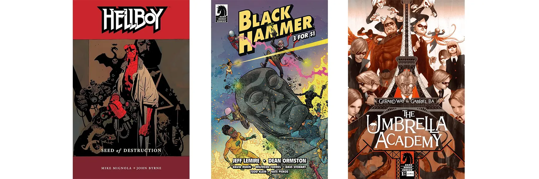 Comic covers for: Hellboy, Black Hammer, The Umbrella Academy