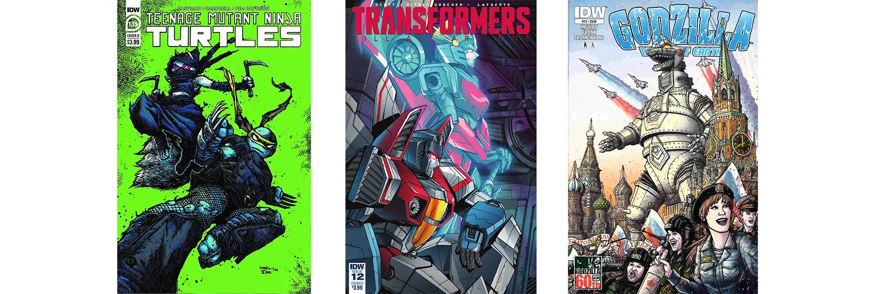 Comic covers for: Teenage Mutant Ninja Turtles, Transformers, Godzilla