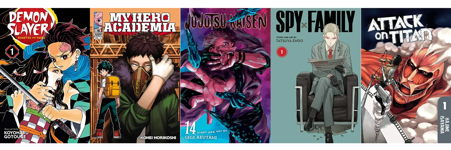 Manga covers for: Demon Slayer, My Hero Academia, Jujutsu Kaisen, Spy x Family, Attack on Titan