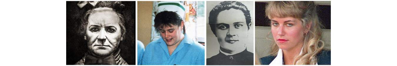 Photos of Amelia Dyer, Beverly Allitt, Jolly Jane Toppan, and Karla Homolka