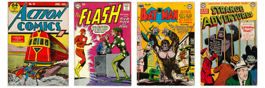 Comic book covers of Action Comics 13, The Flash 106, Batman 75, and Strange Adventures 8
