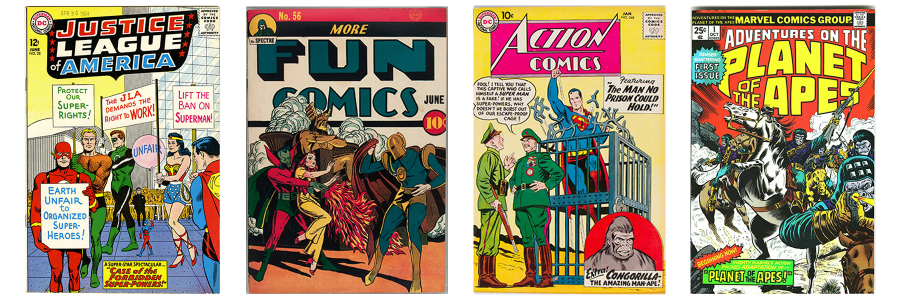 Comic book covers of Justice League of America 28, More Fun Comics 56, Action Comics 248, and Planet of the Apes 1