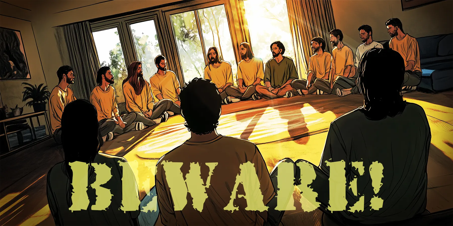 Banner image of cult members sitting on the floor of a living room