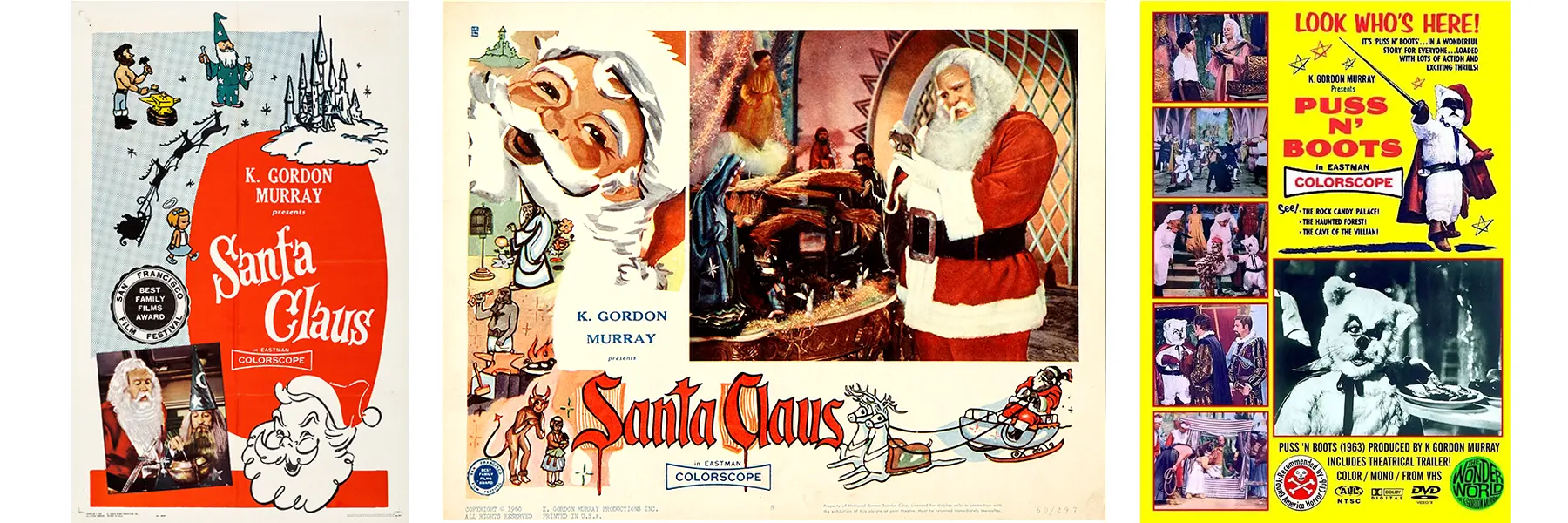 Posters for K Gordon Murray's Santa Claus and Puss in Boots movies