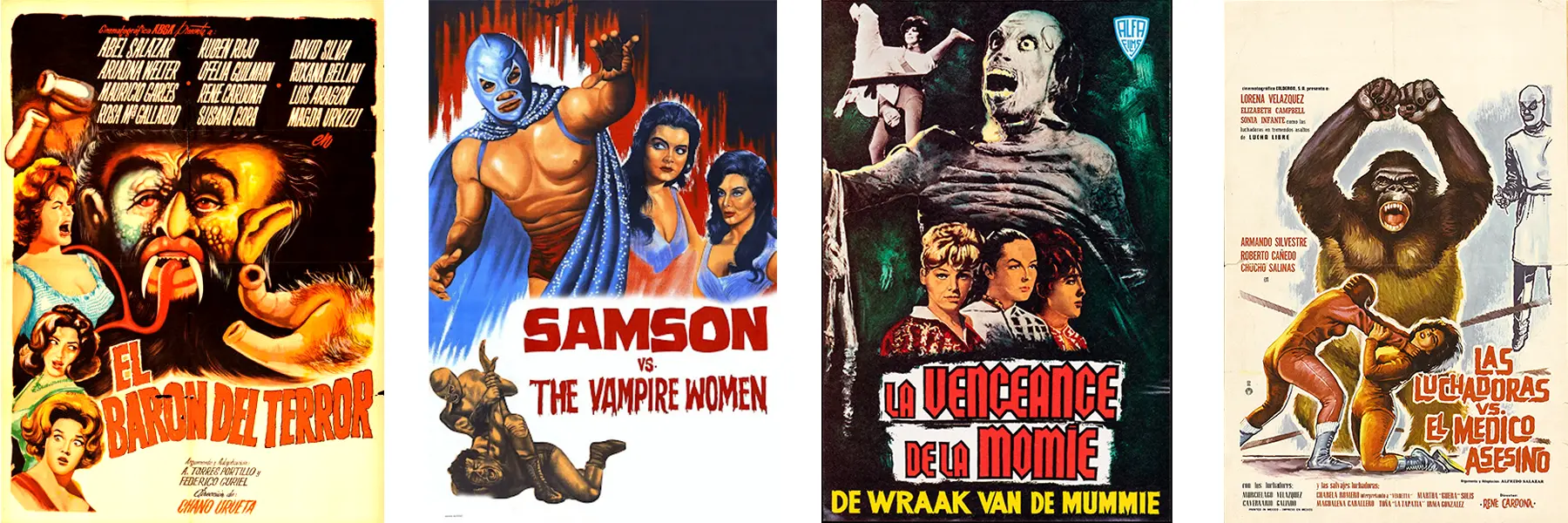 Posters for K Gordon Murray's The Brainiac, Samson vs. The Vampire Women, Wrestling Women vs. The Aztec Mummy, and Doctor of Doom