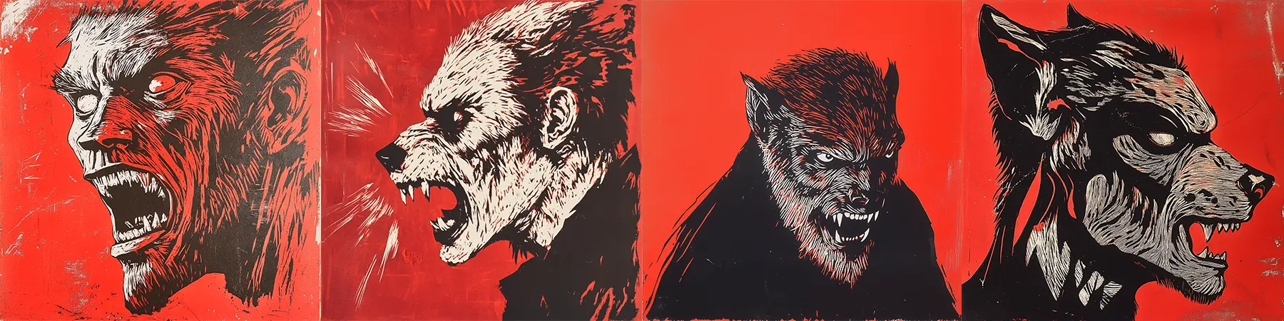 linocut style images of a man morphing into a werewolf