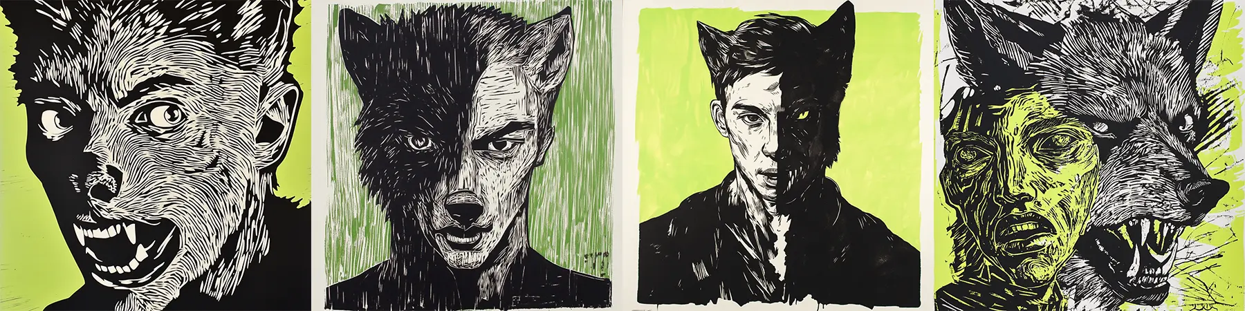 linocut style images of a man morphing into a werewolf