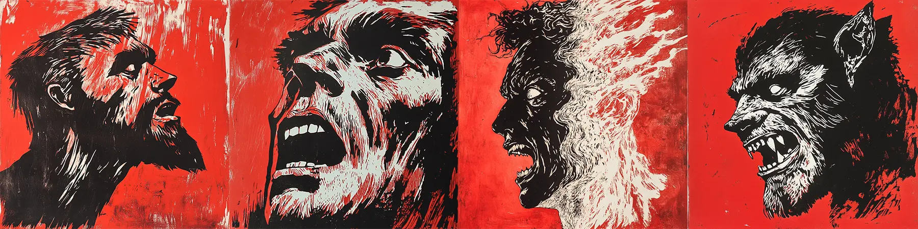 linocut style images of a man morphing into a werewolf