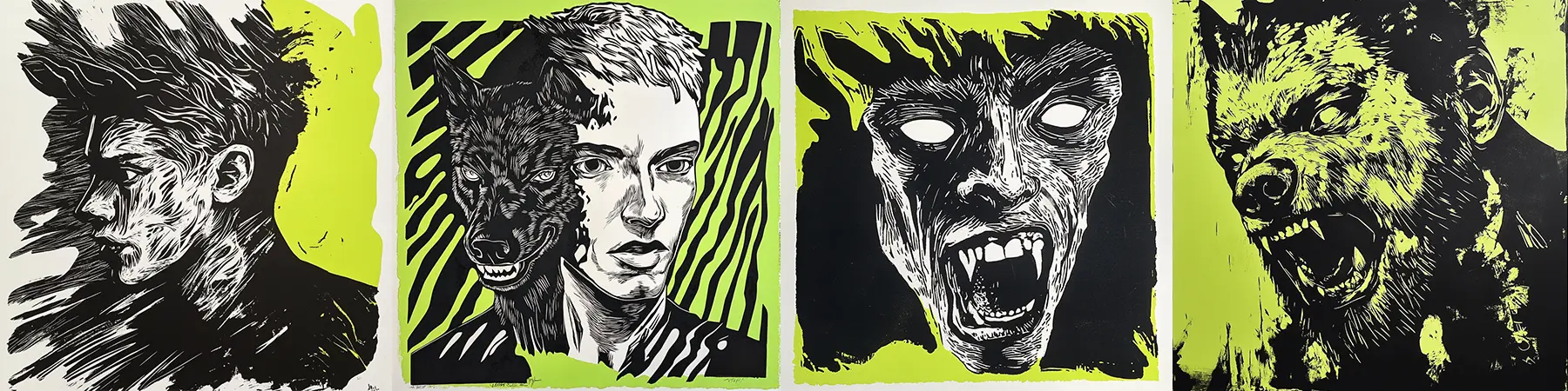linocut style images of a man morphing into a werewolf