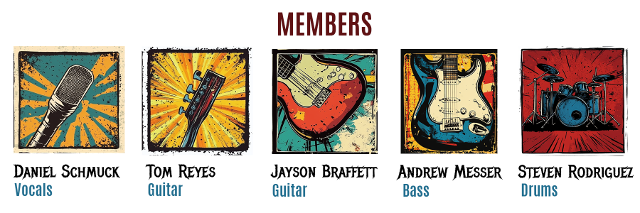 List of members in Myth Carver: Daniel Schmuck, Tom Reyes, Jayson Braffett, Andrew Messer, and Steven Rodriguez