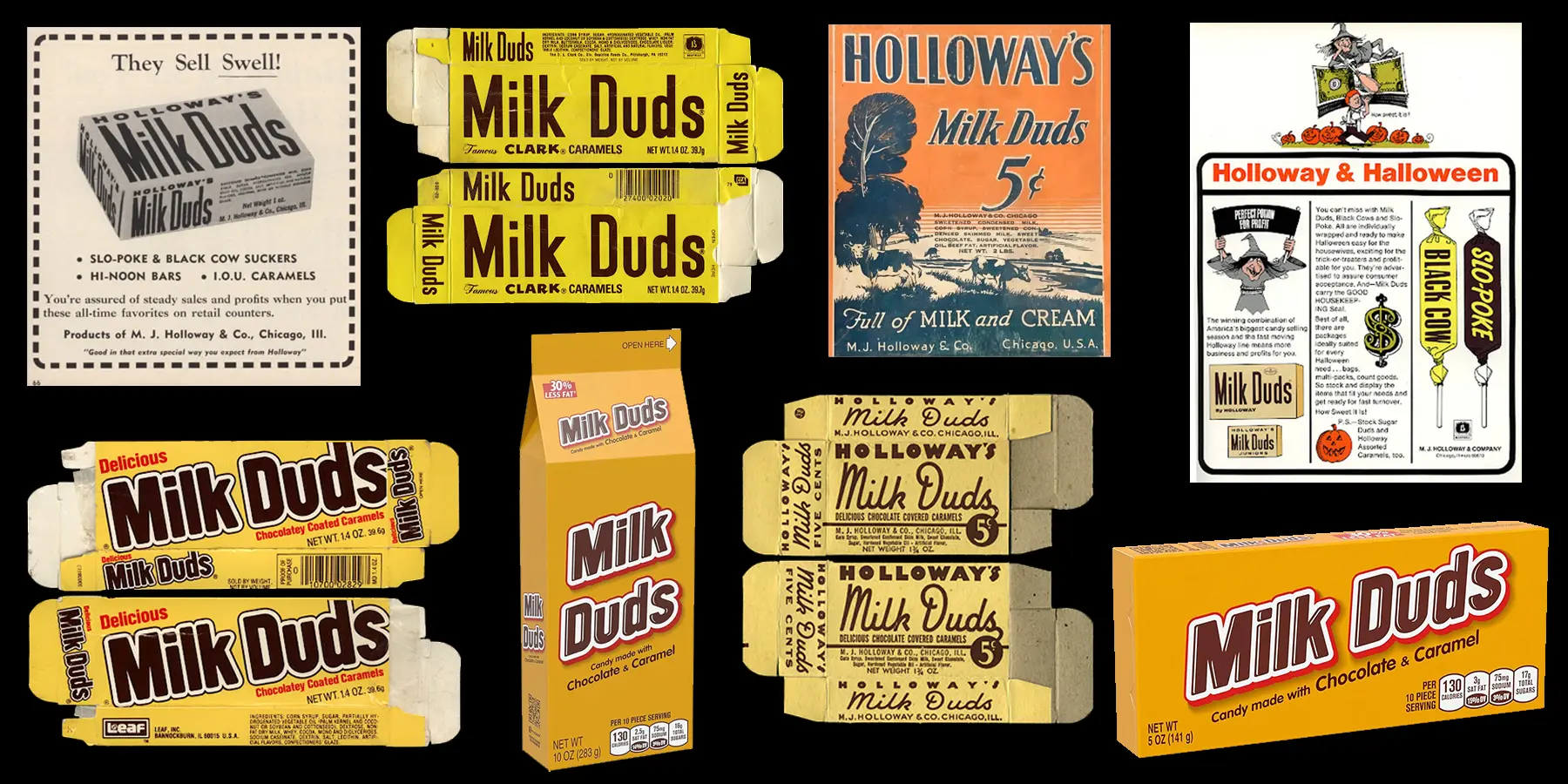 Images of Milk Duds candy packaging and ads