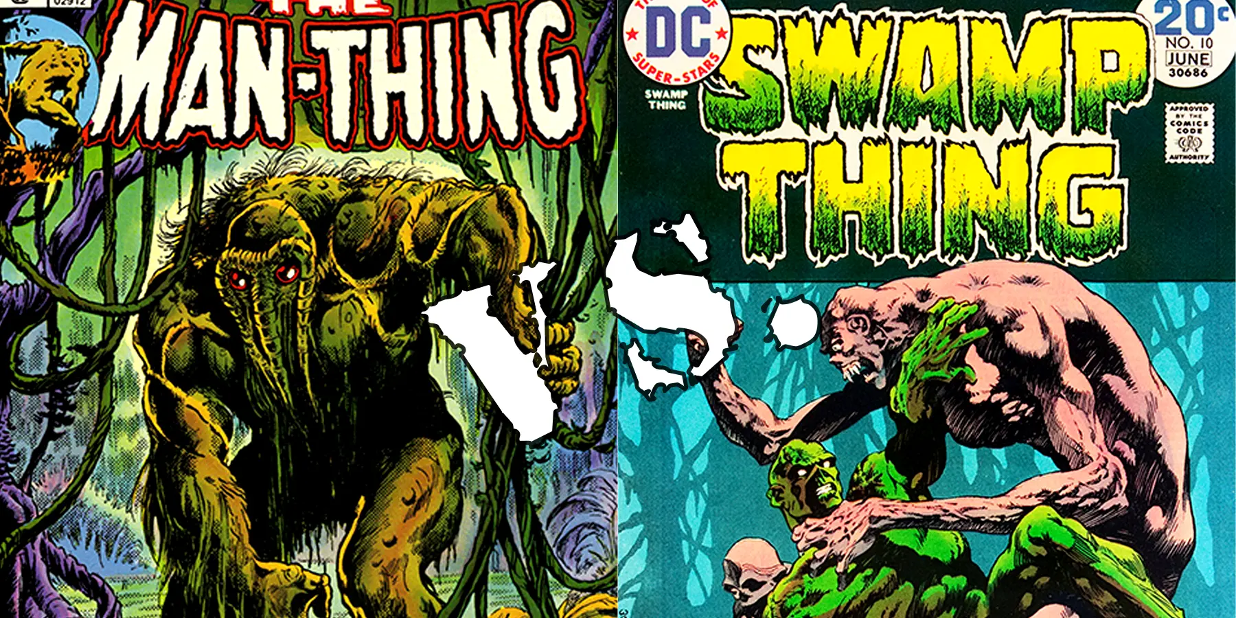 Comic book covers of Man Thing and Swamp Thing