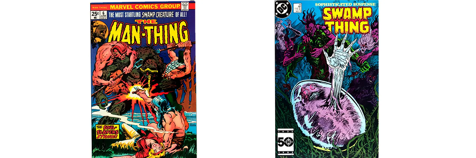 Comic book covers for Man Thing and Swamp Thing