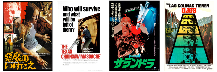 Japanese movie posters of Texas Chainsaw Massacre and The Hills Have Eyes, American poster for Texas Chainsaw Massacre, and Spanish poster for The Hills Have Eyes