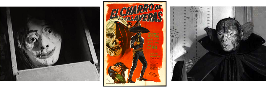 Movie stills and a poster from Riders of the Skulls