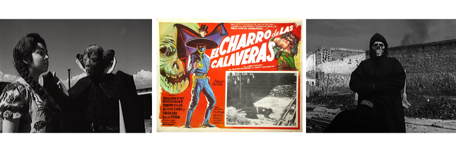Movie stills and a lobby card from Riders of the Skulls