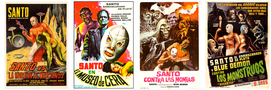 Posters for Santo vs. la Invasion de los Marcianos, Santo in the Wax Museum, Santo Contra las Momias, and Santo y Blue Demon Contra los Monstruos