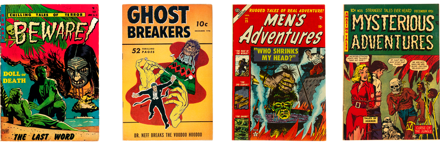 Comic book covers for Beware 10, Ghost Breakers 2, Men's Adventures 25, and Mysterious Adventures 5