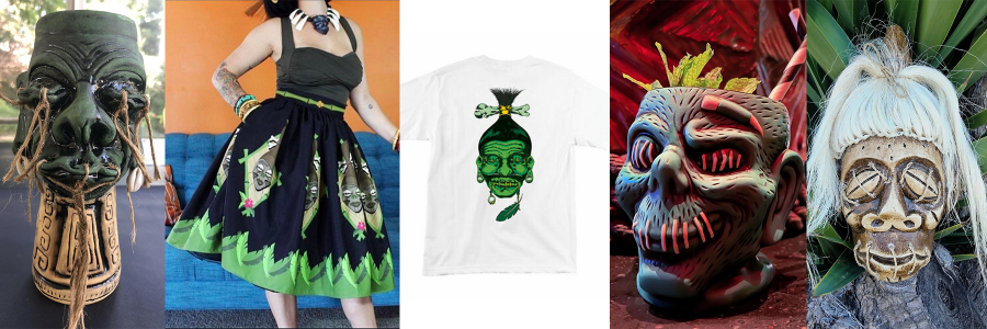 Photos of tiki mugs, tiki dress and shirt, tiki wall decor