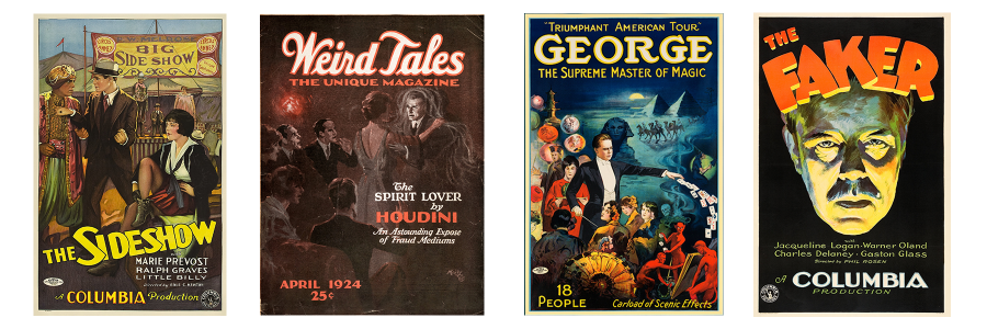 Posters of The Faker, The Sideshow, George the Supreme Master of Magic, and a pulp of Weird Tales The Unique Magazine