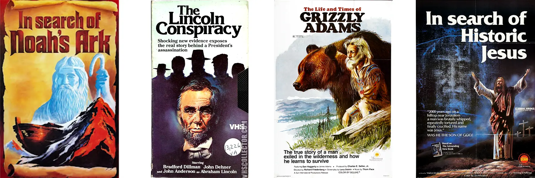 Cover and poster images for In Search of Noah’s Ark (1976), The Lincoln Conspiracy (1977), The Life and Times of Grizzly Adams (1974), and In Search of Historic Jesus (1979)