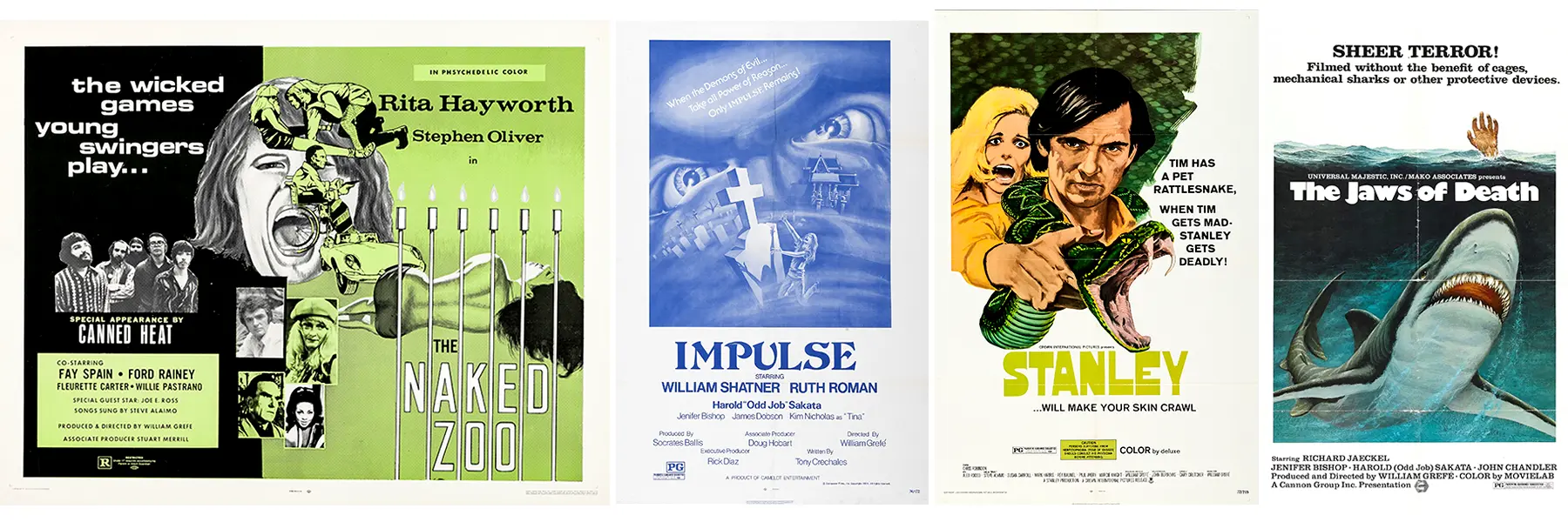 Posters for The Naked Zoo, Impulse, Stanley, and Mako: The Jaws of Death