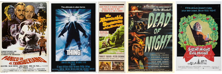 Posters for Horror Express, The Thing, The Abominable Snowman, Dead of Night, and Black Christmas