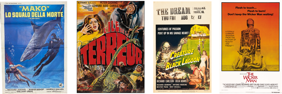 Posters for Mako: Jaws of Death, Island of Terror, Creature From the Black Lagoon, and The Wicker Man